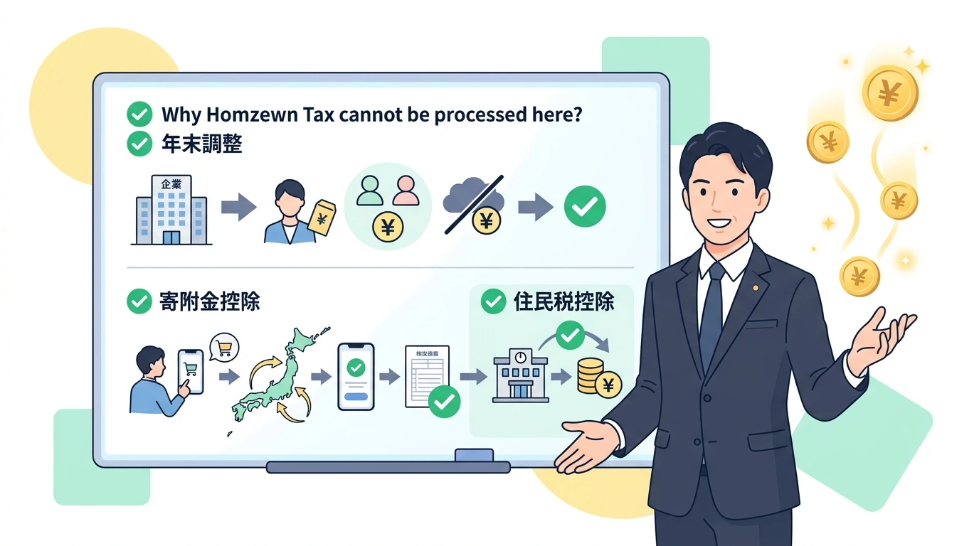 ふるさと納税は年末調整できない。ワンストップ特例と確定申告、何が違うのかの制度・手続きイメージイラスト