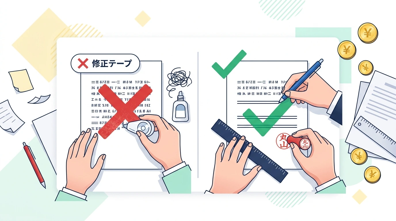 年末調整の書類を書き間違えた!訂正印のルールと提出後に気づいたときの直し方の制度・手続きイメージイラスト
