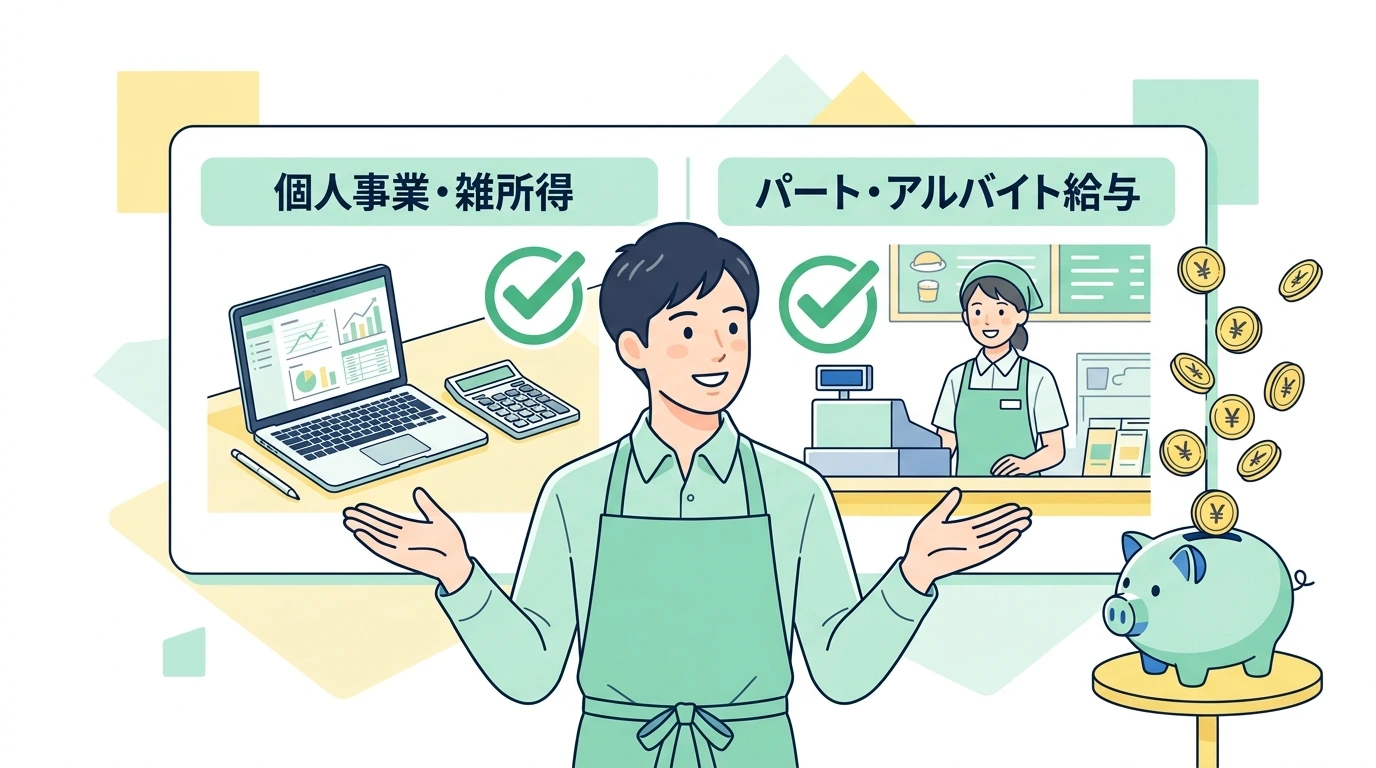 【決定的な違い】個人で稼ぐ「副業（雑所得・事業所得）」と休日に働く「Wワーク（給与所得）」の税金のイメージイラスト