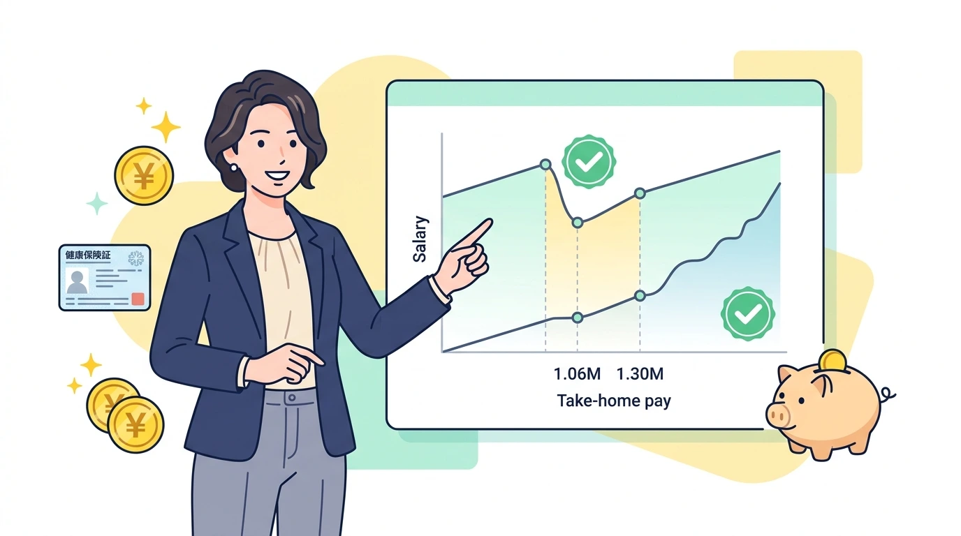 年収の壁を全部まとめて整理する。100万・103万・106万・130万・150万・201万円の違いの計算・シミュレーションイメージイラスト