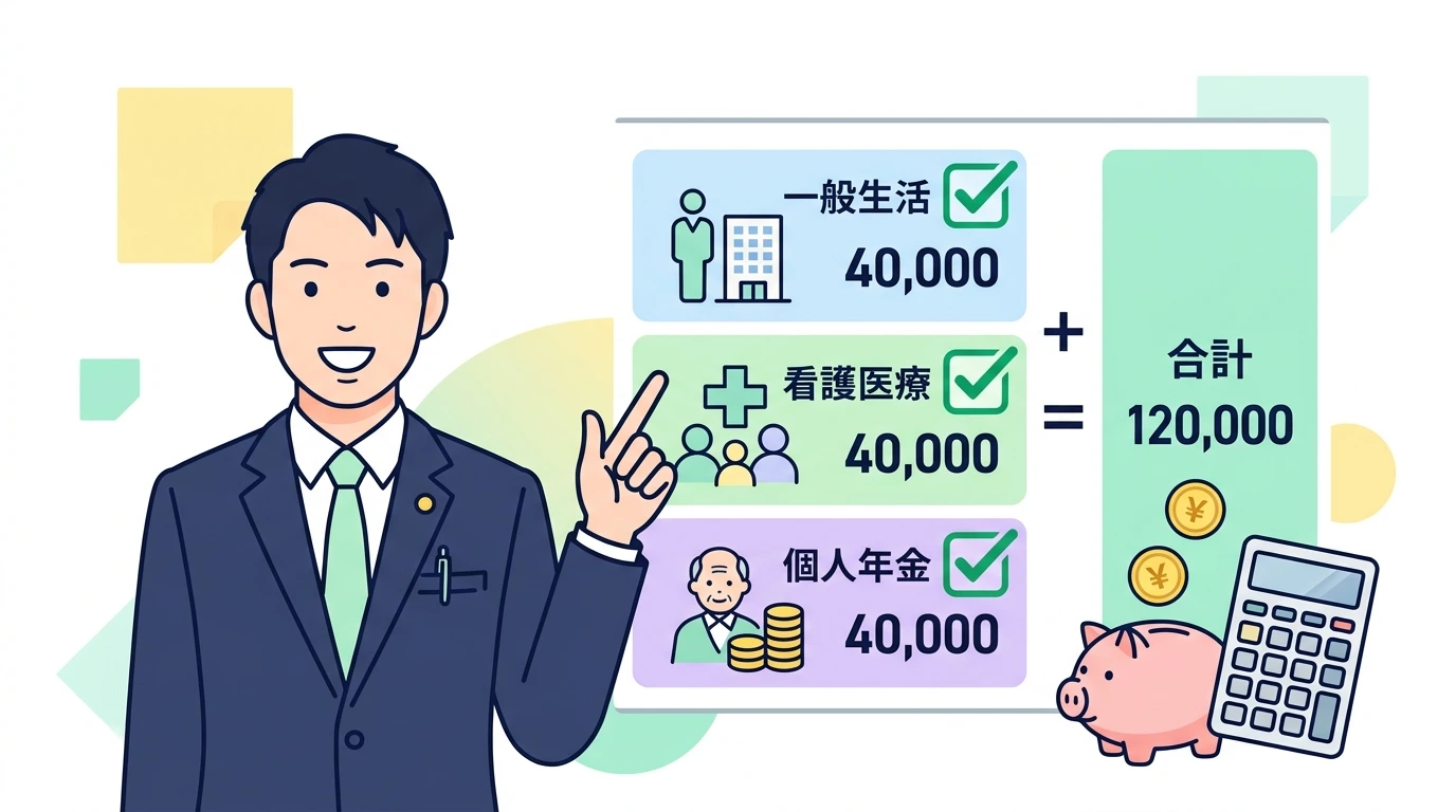 「一般生命保険」「介護医療保険」「個人年金保険」3大控除枠の計算式と上限額（各4万円・合計12万円）のイメージイラスト