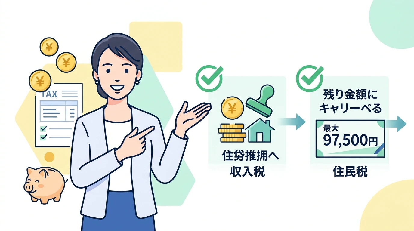 住宅ローン控除で「住民税から控除される上限額（最高9.75万円）」と税金が引ききれない時の対処法のイメージイラスト