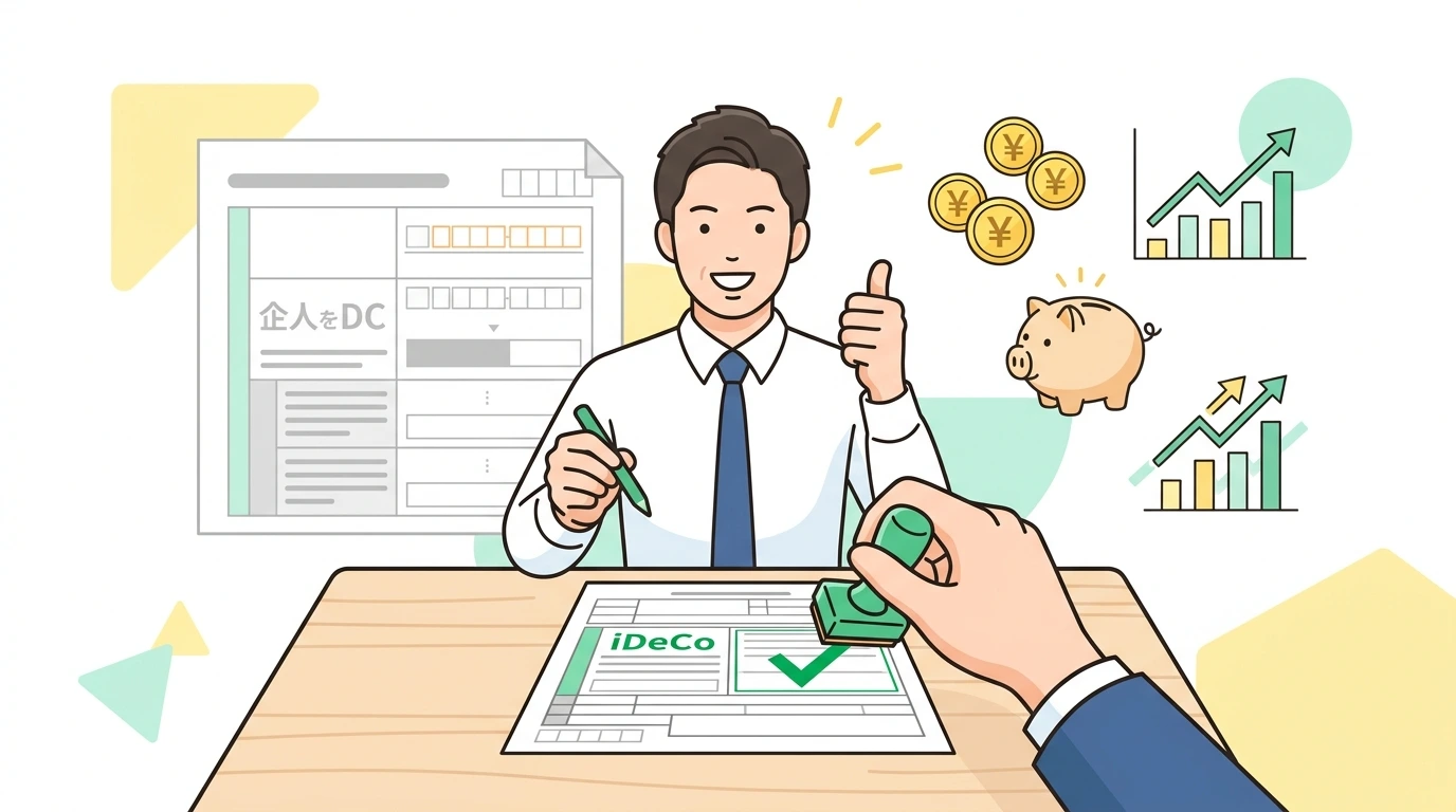 会社の「企業型DC(企業型確定拠出年金)」や「マッチング拠出」をしている人の年末調整の書き方の完了・申告イメージイラスト