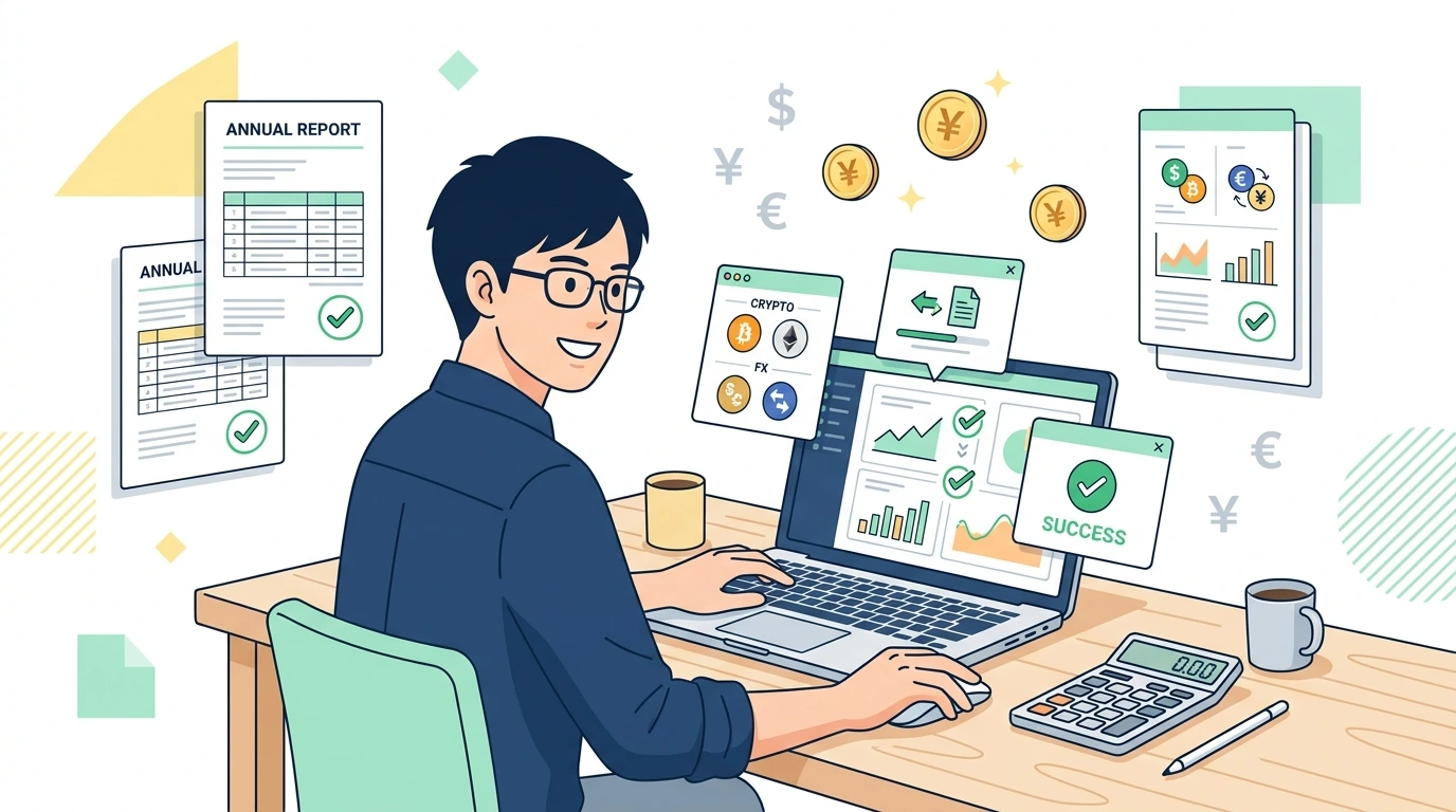暗号資産(仮想通貨・ビットコイン)やFXで利益が出たサラリーマンの年末調整と確定申告の計算・シミュレーションイメージイラスト