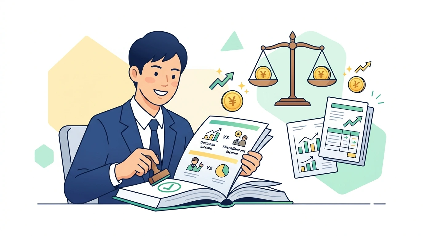 サラリーマンが副業で「赤字（損失）」が出た場合、本業の給料と損益通算して税金を減らせるか？（事業所得vs雑所得の300万円基準）のイメージイラスト