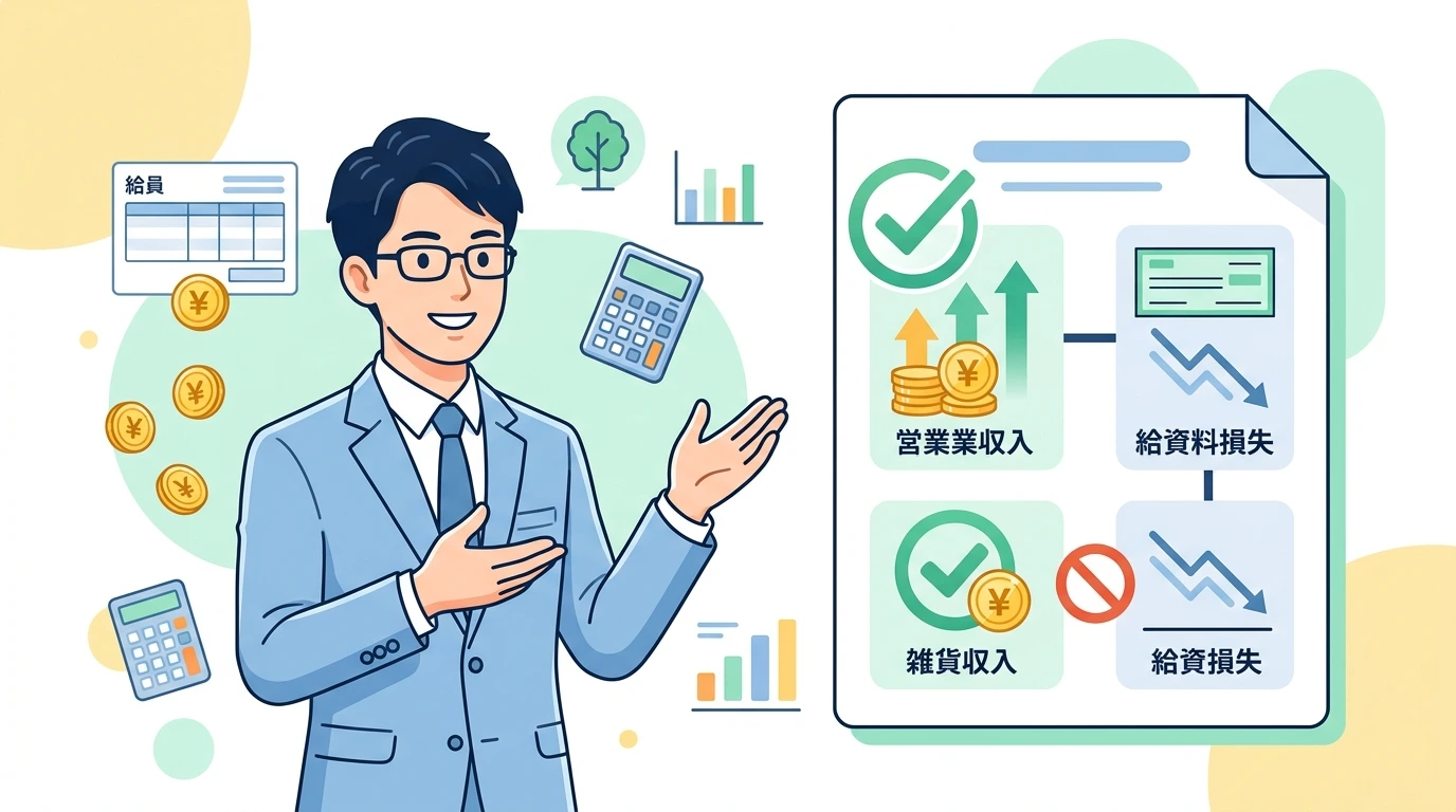 サラリーマンが副業で「赤字(損失)」が出た場合、本業の給料と損益通算して税金を減らせるか?(事業所得vs雑所得の300万円基準)の制度・手続きイメージイラスト