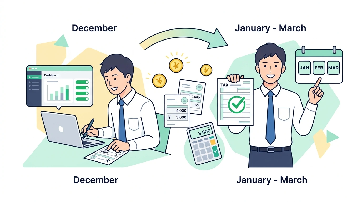 【年末調整では絶対にできないこと一覧】医療費控除・住宅ローン1年目・ふるさと納税・雑損控除・初年度副業の計算・シミュレーションイメージイラスト