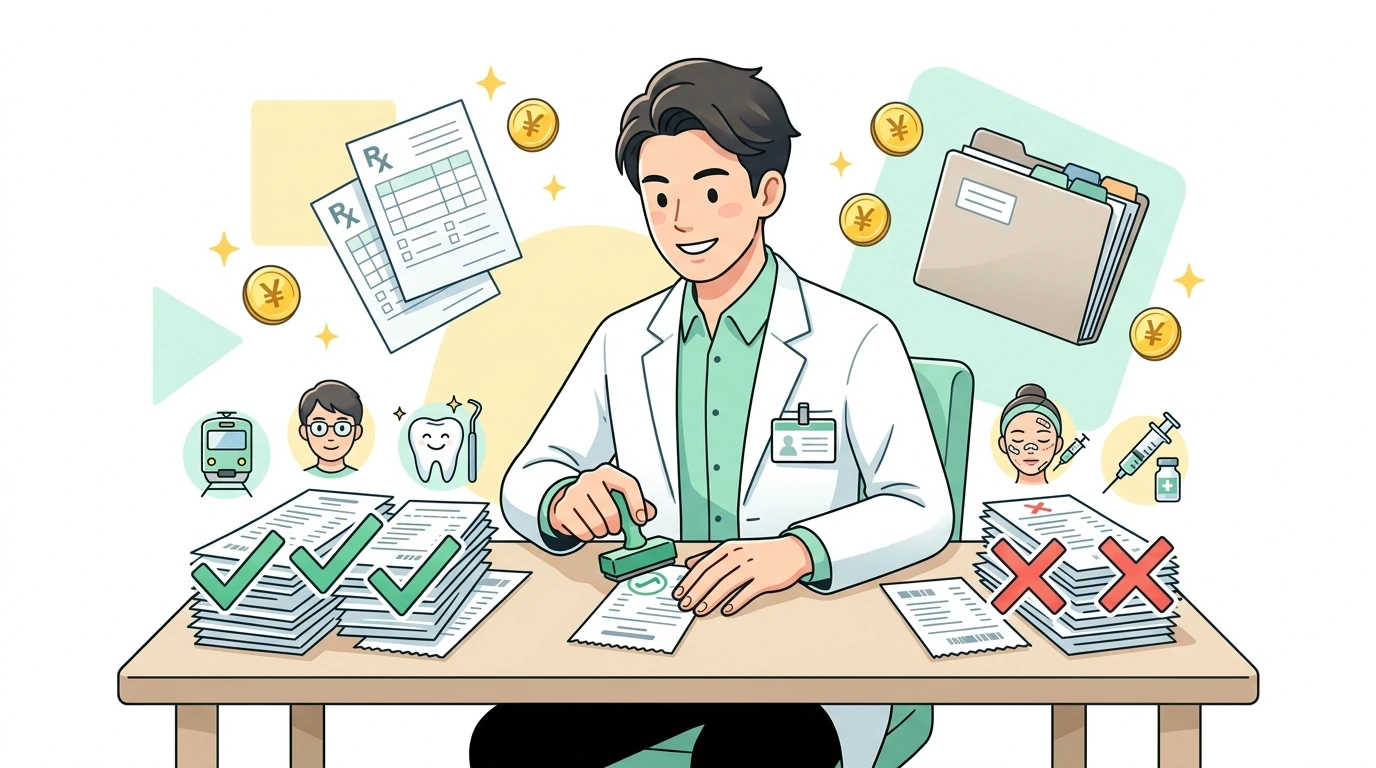 医療費控除の完全攻略。年間10万円(または所得の5%)を超えたら確定申告、通院交通費・歯科矯正・市販薬の扱い方の制度・手続きイメージイラスト