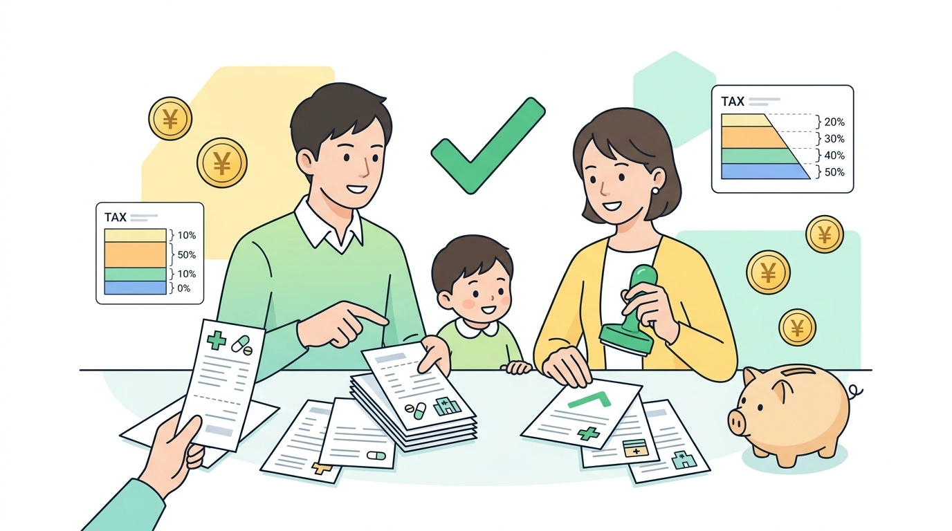 家族全員分の医療費を合算して「年収が一番高い人」から確定申告する方法 ― 税率差で還付金が変わる仕組みのイメージイラスト