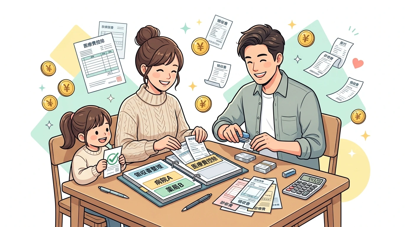 家族全員分の医療費を合算して「年収が一番高い人」から確定申告する方法 ― 税率差で還付金が変わる仕組みの計算・シミュレーションイメージイラスト