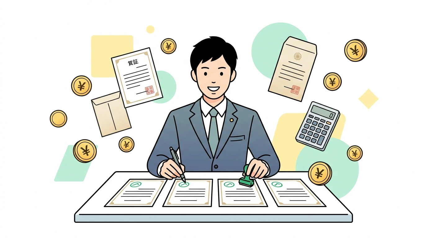 住宅ローン控除1年目の確定申告に必要な書類チェックリストとe-Tax手順(登記事項証明書・売買契約書・残高証明書)の制度・手続きイメージイラスト