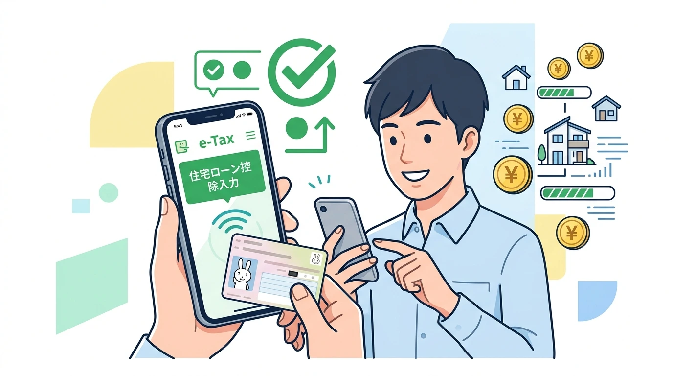 住宅ローン控除1年目の確定申告に必要な書類チェックリストとe-Tax手順(登記事項証明書・売買契約書・残高証明書)の計算・シミュレーションイメージイラスト