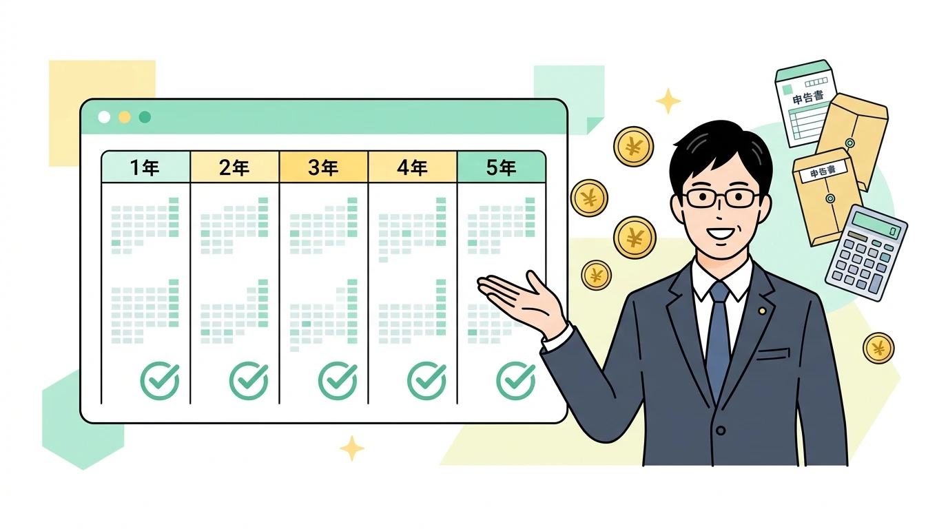 年末調整で書類を出し忘れた・間違えた人のための「5年間遡り確定申告(還付申告)」のやり方の制度・手続きイメージイラスト