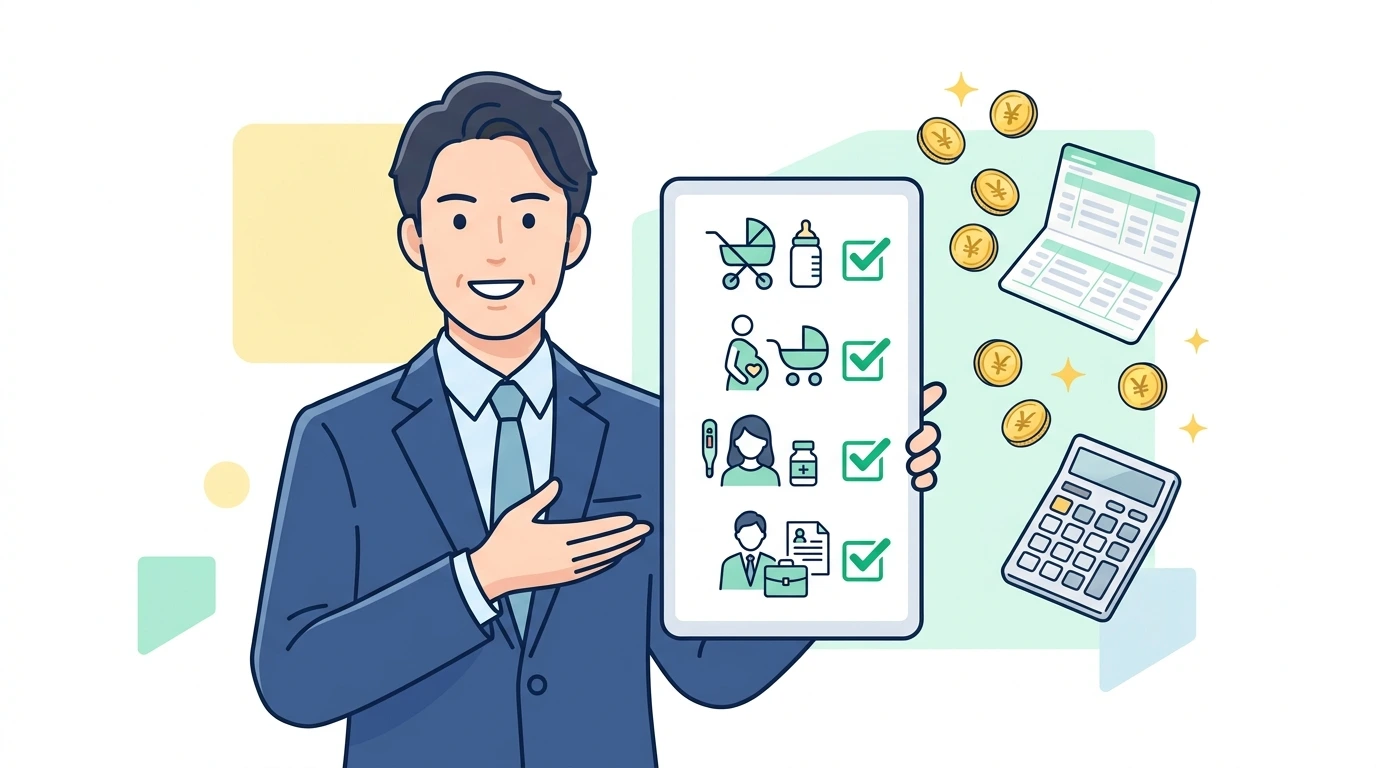 傷病手当金・出産手当金・育児休業給付金は年末調整で「年収0円」カウント 非課税所得の完全ルールの制度・手続きイメージイラスト