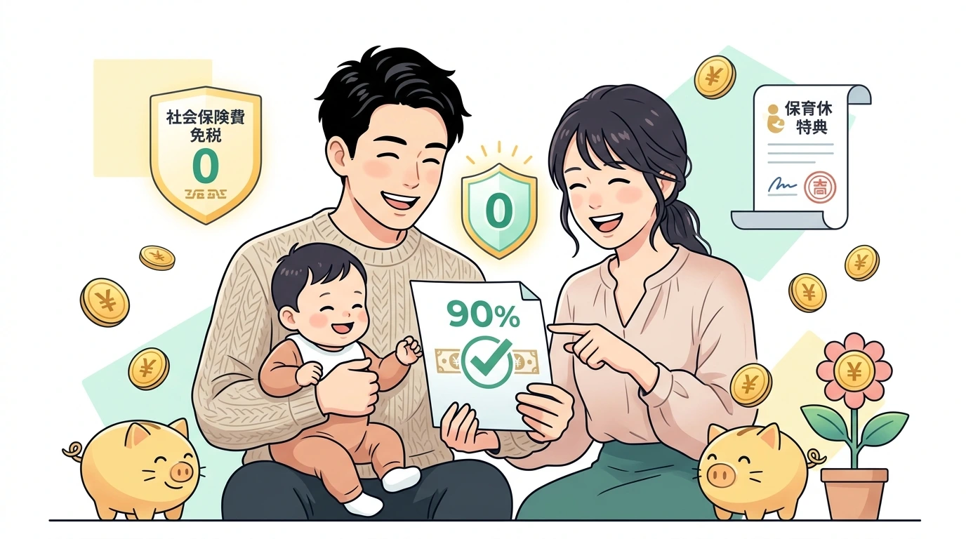 パパ育休の年末調整と社会保険料免除、手取り9割を維持する仕組みのイメージイラスト
