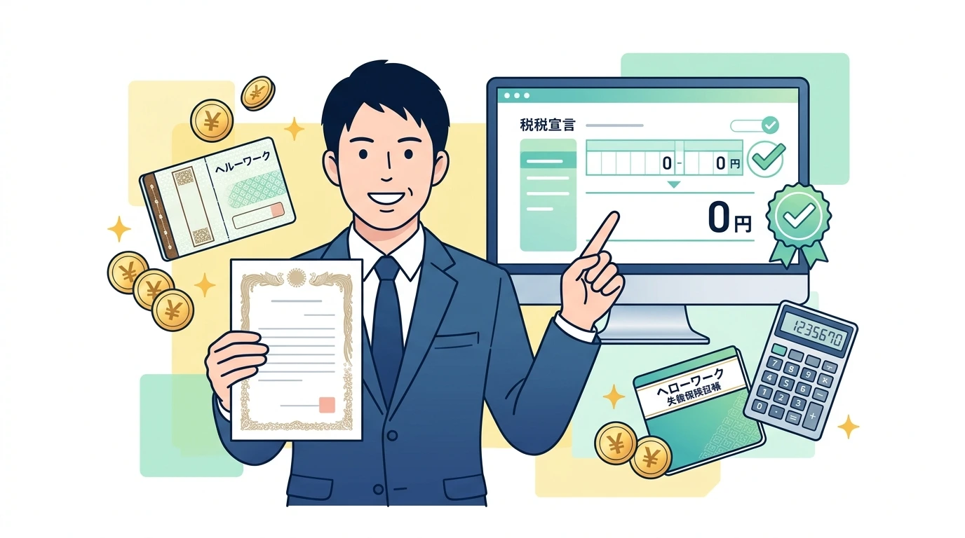 【失業保険と年末調整】ハローワークの基本手当は税金ゼロ!退職した年の確定申告と還付金計算の制度・手続きイメージイラスト