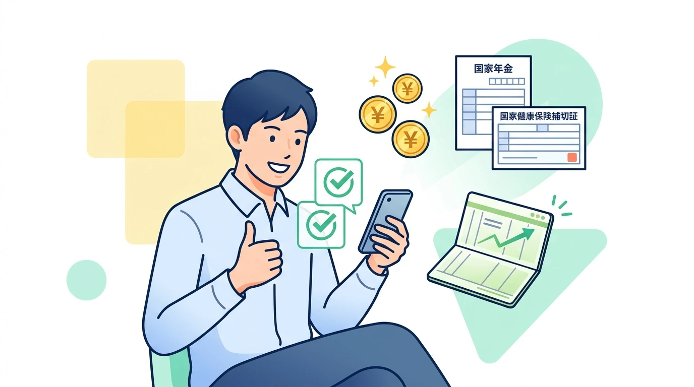 【失業保険と年末調整】ハローワークの基本手当は税金ゼロ!退職した年の確定申告と還付金計算の完了・申告イメージイラスト