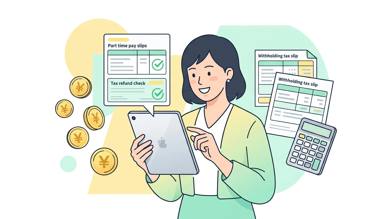 掛け持ちフリーターの年末調整と乙欄の還付金【源泉徴収票】のイメージイラスト