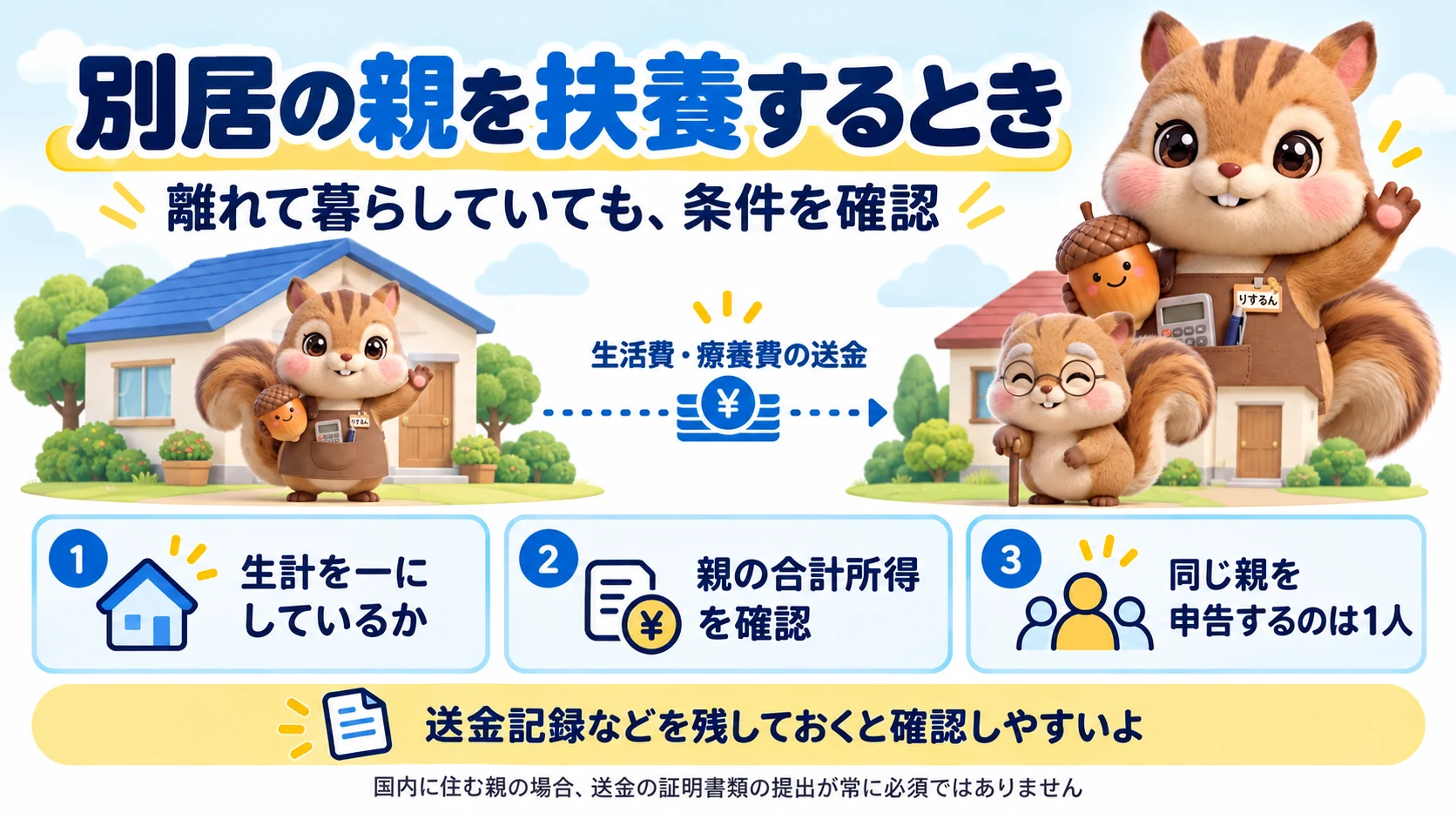 図解：別居の親を扶養するとき。離れて暮らしていても条件を確認する。生活費・療養費の送金があるとき、1つ目は生計を一にしているか、2つ目は親の合計所得を確認、3つ目は同じ親を申告するのは1人。送金記録などを残しておくと確認しやすく、国内に住む親の場合、送金の証明書類の提出が常に必須ではないことを整理。