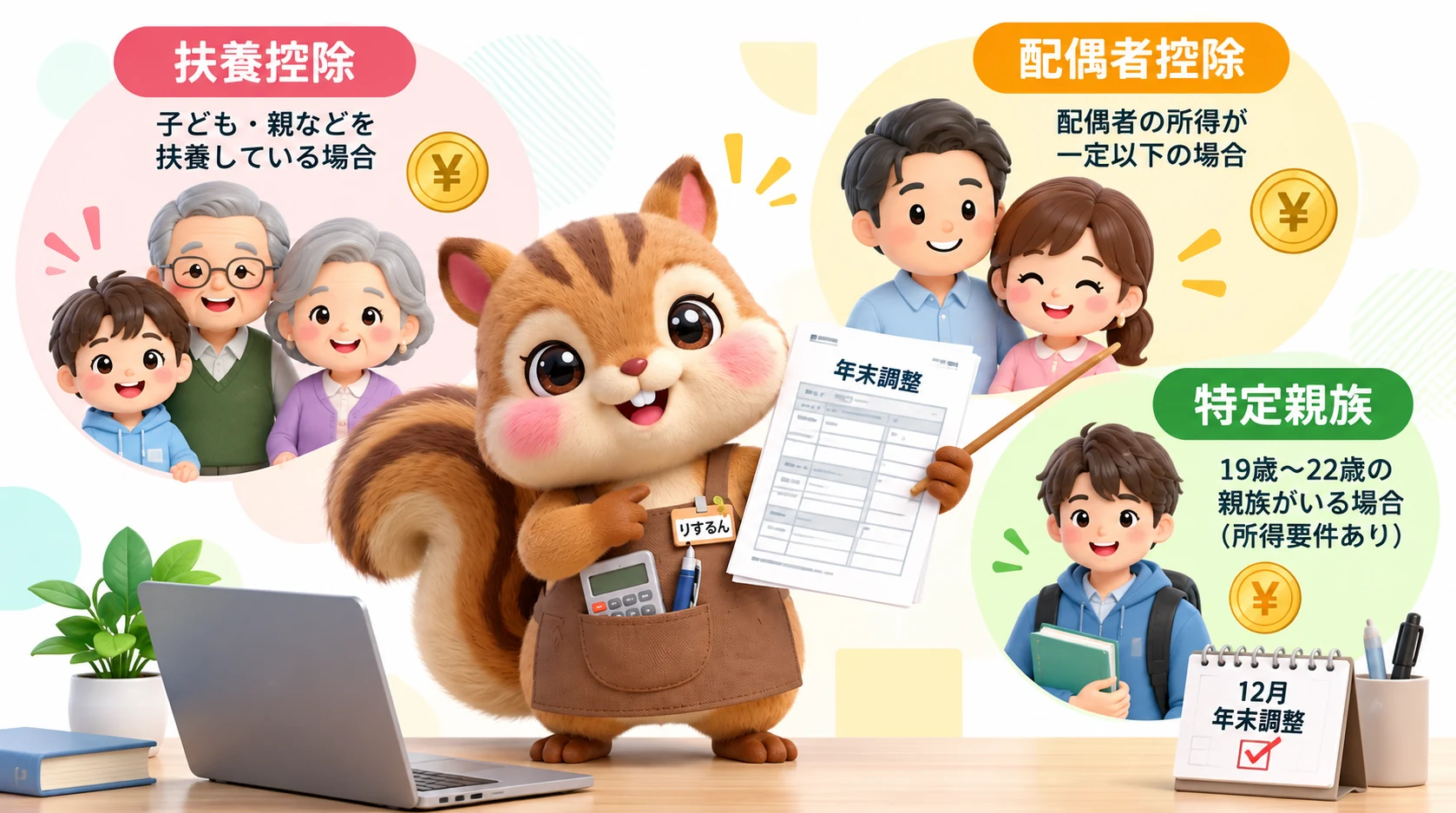 扶養控除・配偶者控除・特定親族を、公式キャラクター「りするん」が年末調整の申告書を手に案内するイメージ。子ども・親などを扶養している場合は扶養控除、配偶者の所得が一定以下の場合は配偶者控除、19歳〜22歳の親族がいる場合（所得要件あり）は特定親族を確認する、という3つの入口を示している。
