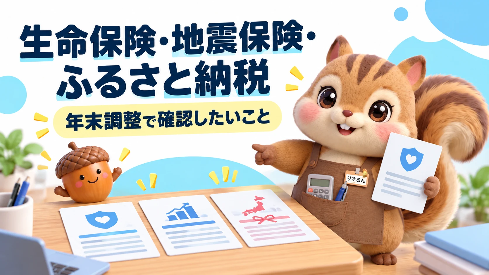 表紙：生命保険・地震保険・ふるさと納税、年末調整で確認したいこと。保険・年金・ふるさと納税を表す3枚の書類を並べた机で、公式キャラクター「りするん」が控除証明書を手に案内している。