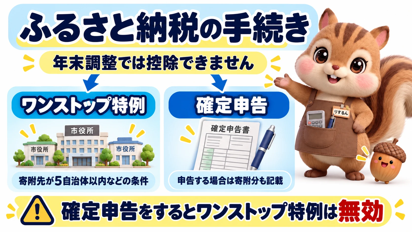 図解：ふるさと納税の手続き。年末調整では控除できず、ワンストップ特例（寄附先が5自治体以内などの条件）か確定申告で手続きする。確定申告で申告する場合は寄附分も記載し、確定申告をするとワンストップ特例は無効になることを整理。