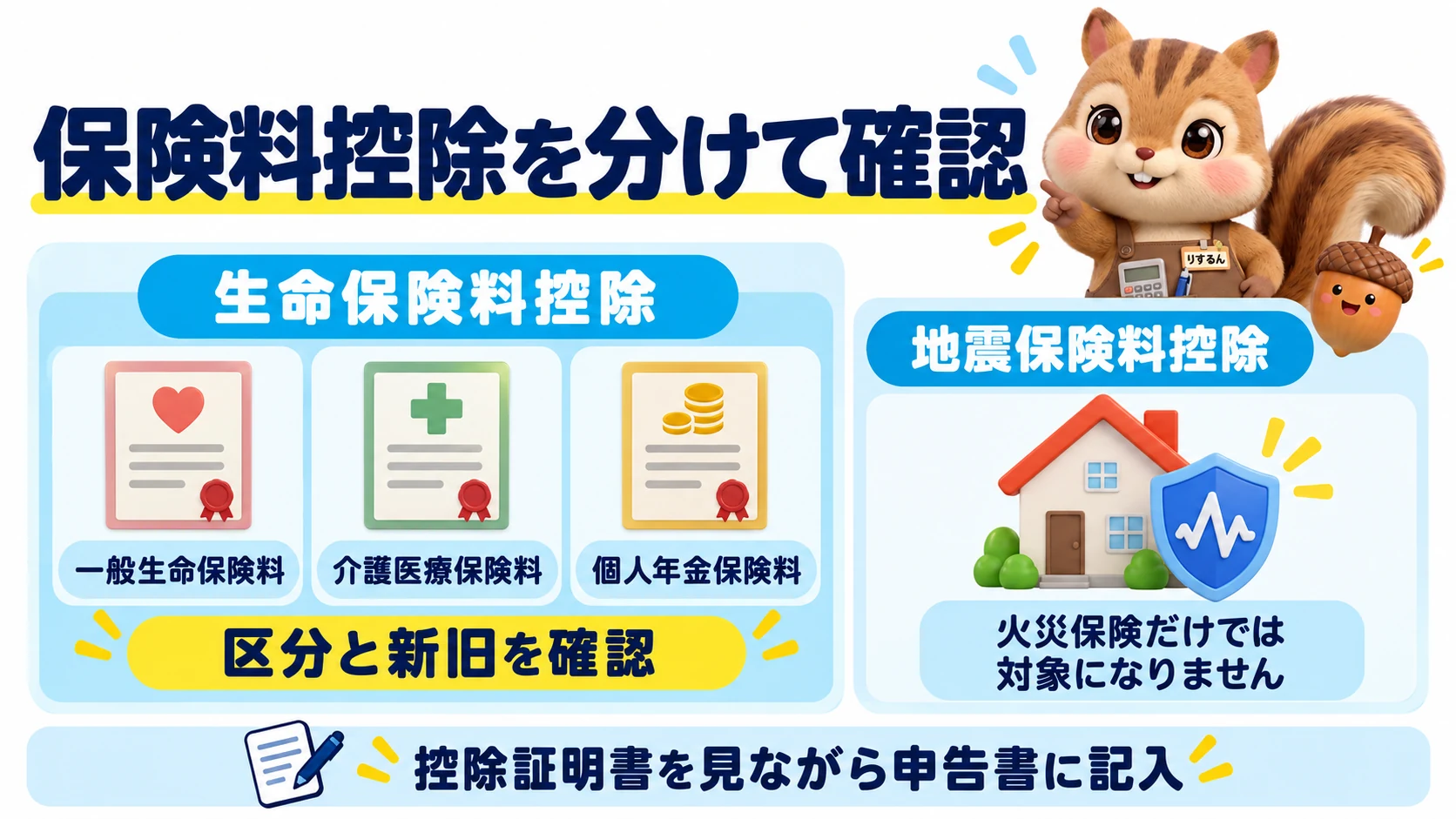 図解：保険料控除を分けて確認。生命保険料控除は一般生命保険料・介護医療保険料・個人年金保険料の3つの区分があり、区分と新旧を確認する。地震保険料控除は火災保険だけでは対象にならない。控除証明書を見ながら申告書に記入することを整理。