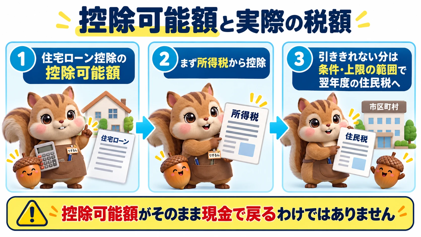 住宅ローン控除の可能額をまず所得税から控除し、引ききれない分は条件と上限の範囲で翌年度の住民税から控除される場合がある図