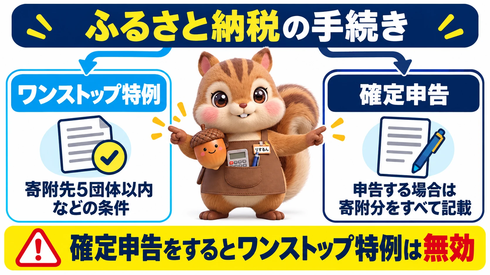 ふるさと納税の手続き。ワンストップ特例は寄附先5団体以内などの条件があり、確定申告する場合は寄附分をすべて記載する。確定申告をするとワンストップ特例は無効になることを示す図