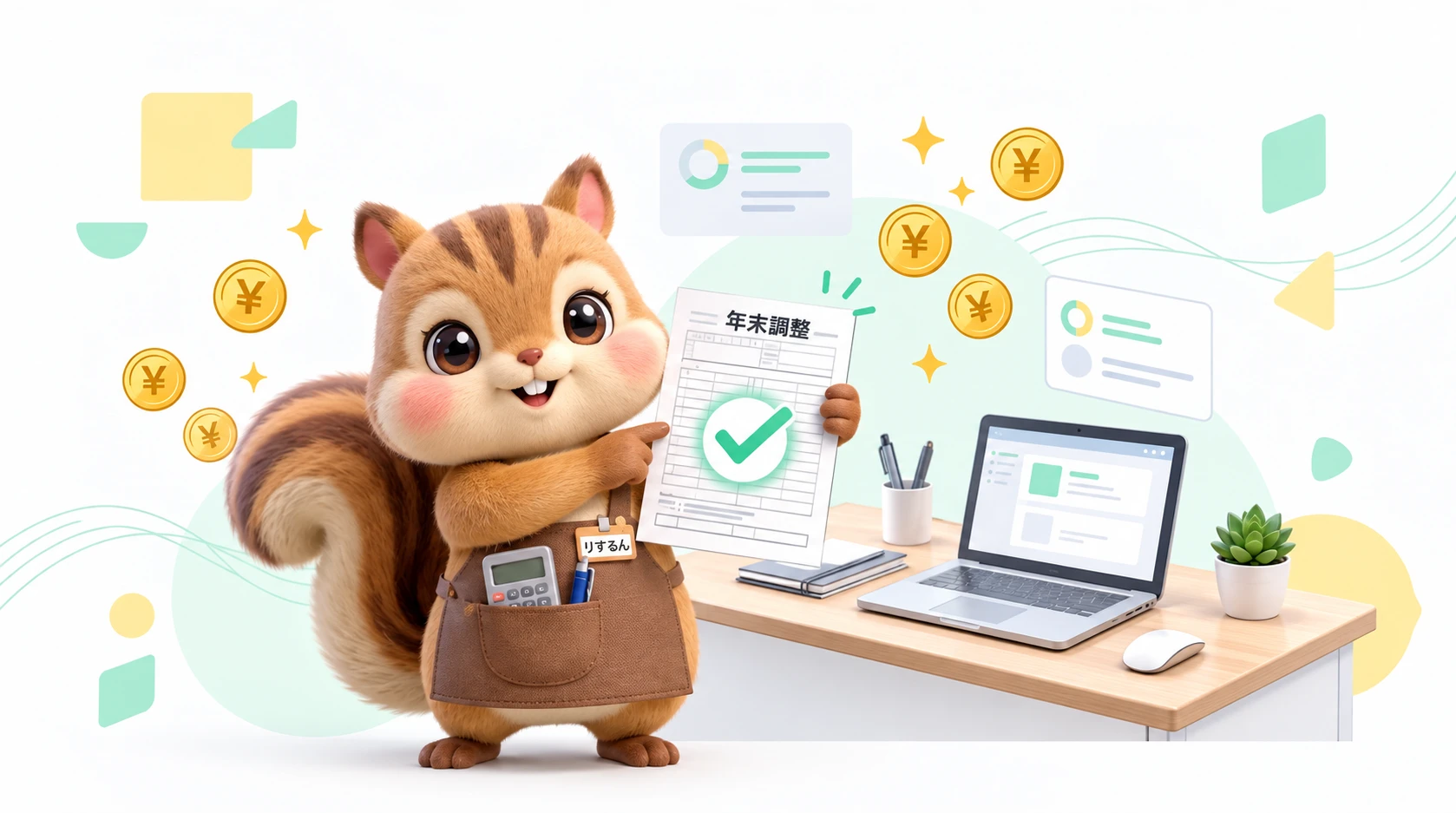 年末調整の書類完了を笑顔で案内する公式キャラクター「りするん」のデスク風景