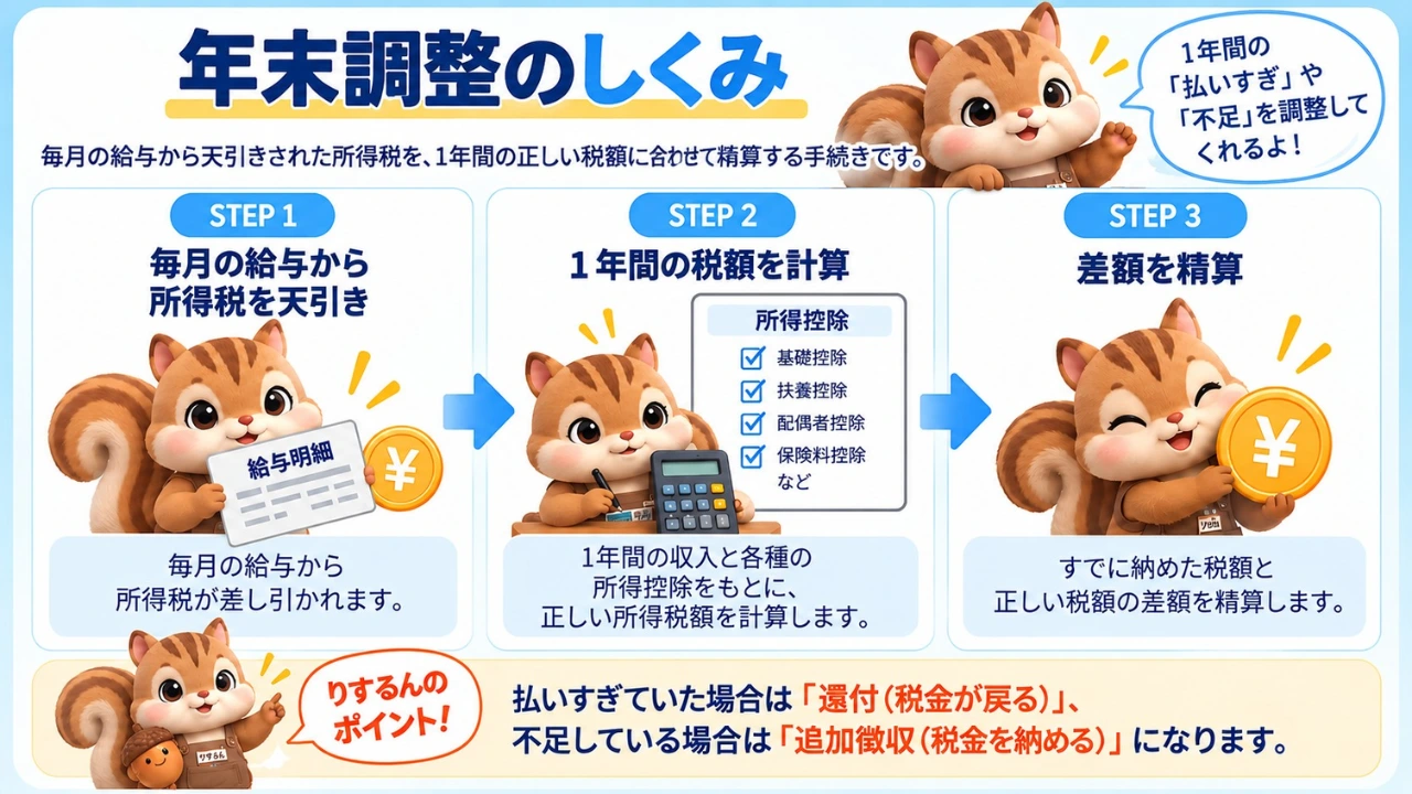 図解：年末調整のしくみ（毎月の給与から天引きした所得税と、1年間の控除を踏まえた正しい税額との差額を精算する流れ）