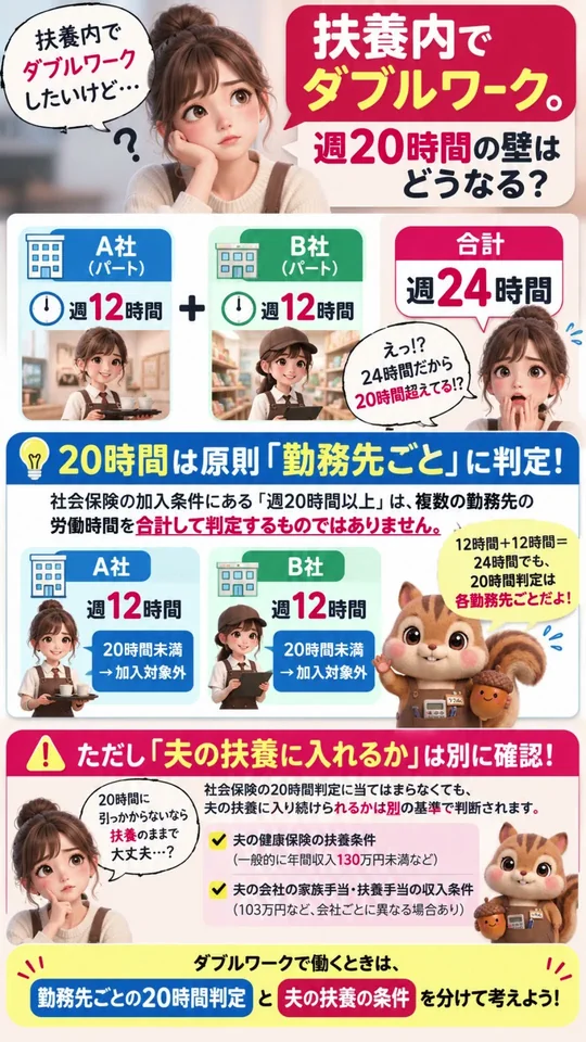 動画#25のサムネイル。扶養内でダブルワークをするとき、社会保険の週20時間は勤務先ごとに判定し、夫の扶養条件は別に確認することを図解
