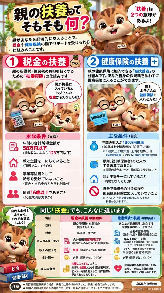 動画#26のサムネイル。親の扶養は、税金の扶養と健康保険の扶養の2つの意味があることを図解