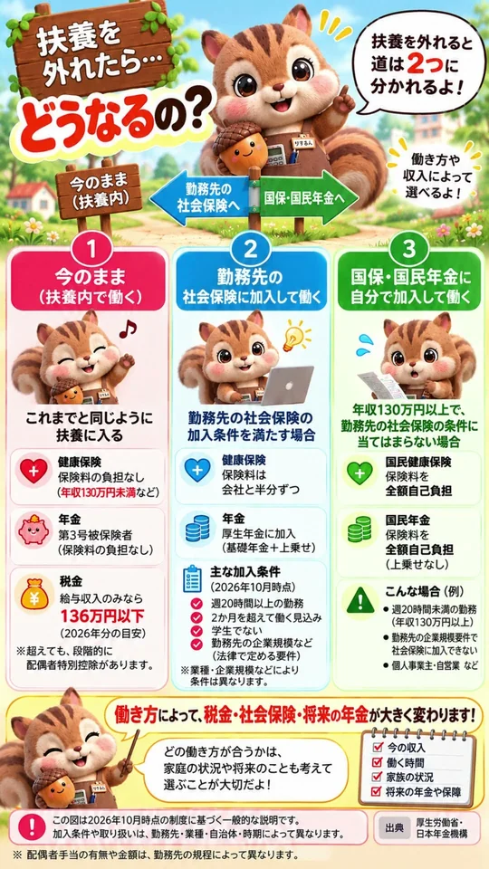 動画#28のサムネイル。扶養を外れたあとの、勤務先の社会保険に加入する道と国保・国民年金に自分で加入する道を図解