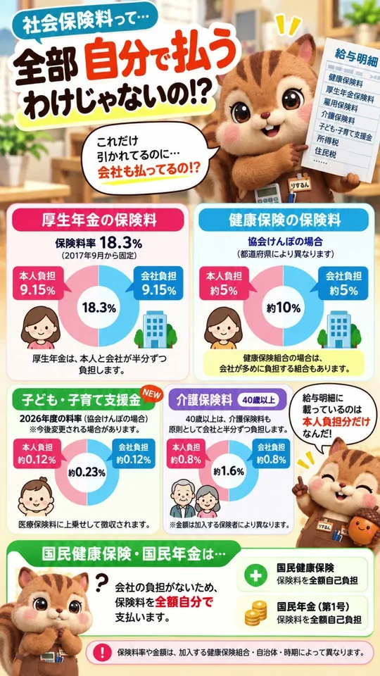 動画#29のサムネイル。社会保険料は全部自分で払うわけではなく、会社も負担していることを図解