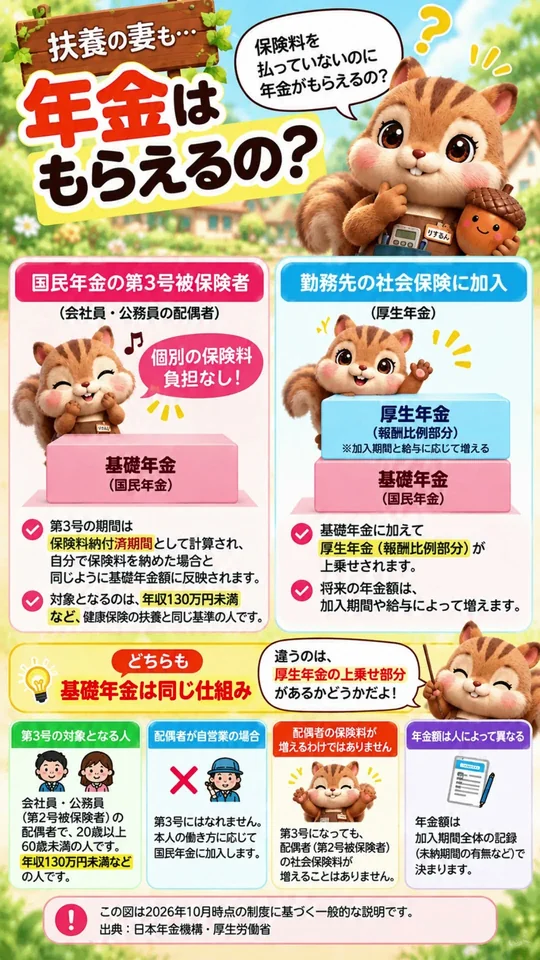 動画#30のサムネイル。扶養の妻の国民年金第3号と、勤務先の厚生年金の違いを図解