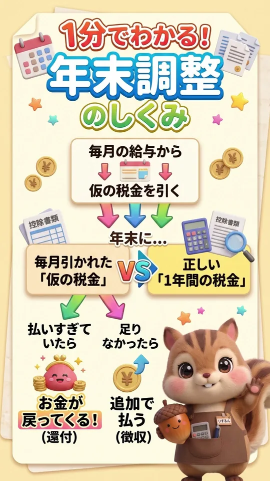 動画#33のサムネイル。1分でわかる年末調整のしくみ。毎月の給与から仮の税金を引き、年末に正しい1年間の税金と比べて、還付または追加で徴収することを図解