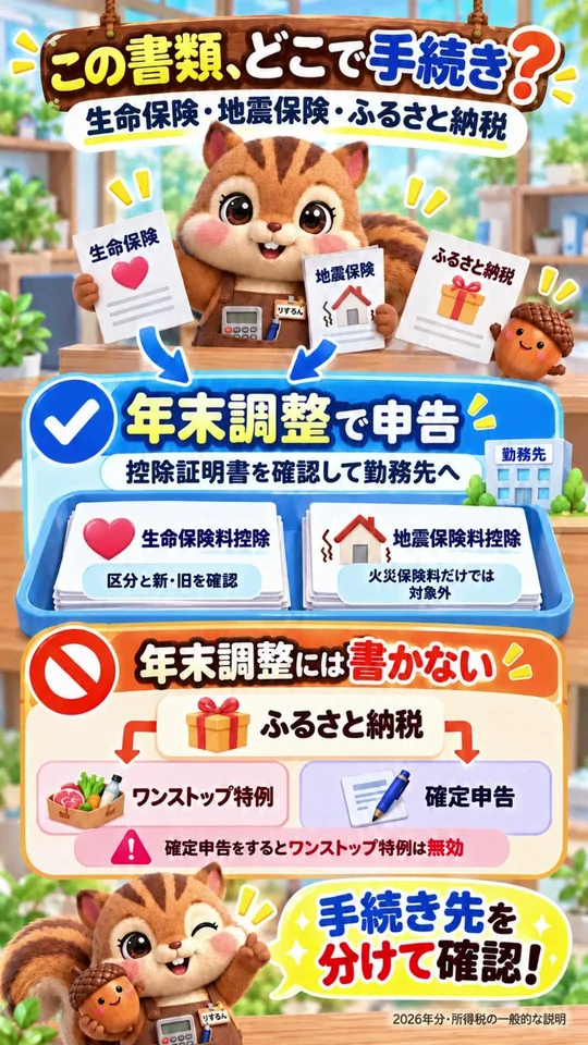 動画#36のサムネイル。年末調整前に確認したい4つ。生命保険は区分と新旧、地震保険は対象の保険料、家族の保険料は誰が支払ったか、ふるさと納税は別の手続きであることを図解
